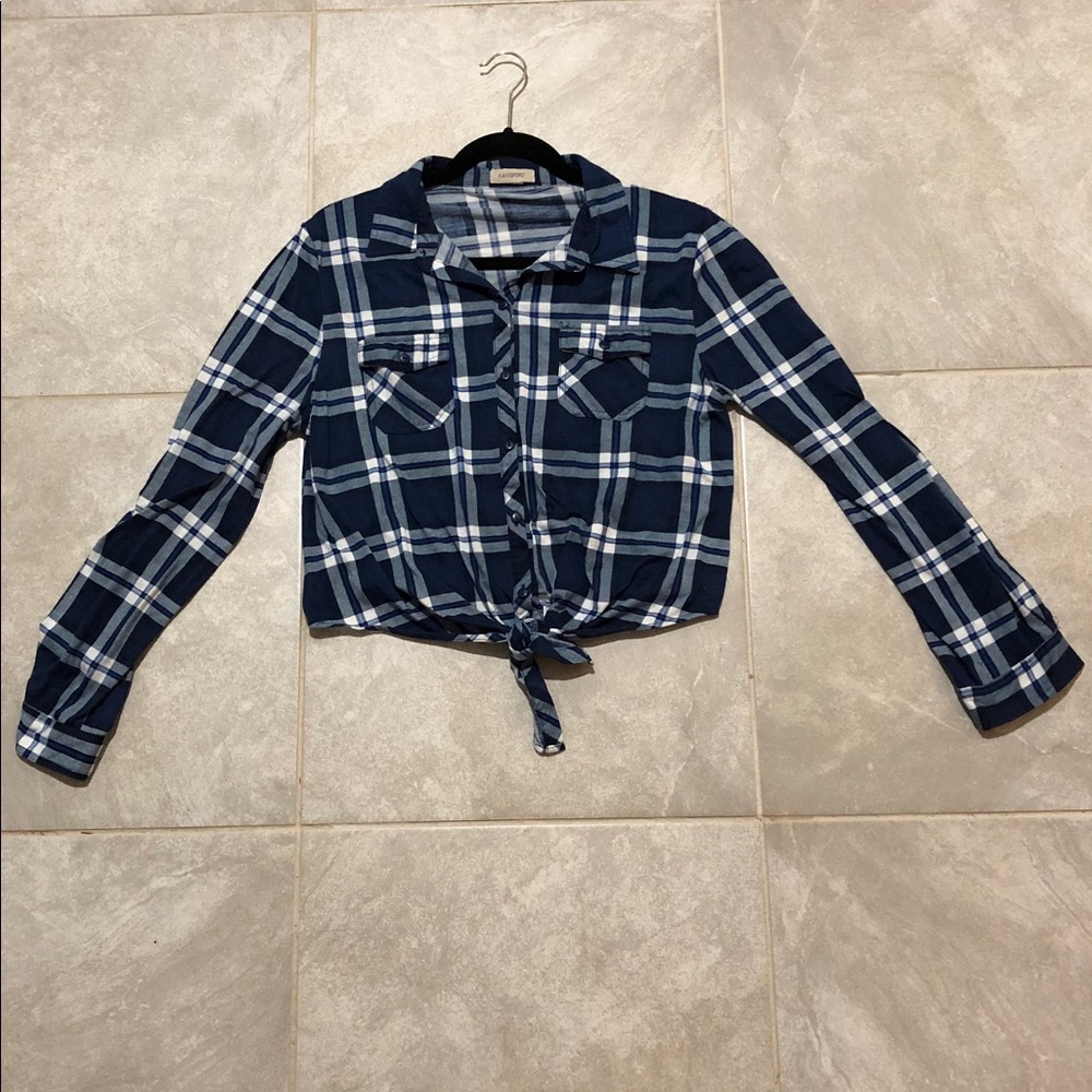 Blue and White Cropped Flannel with Front Tie